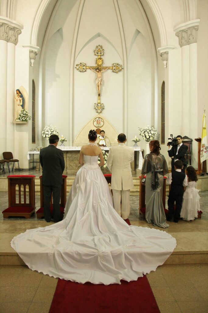 Catholic bride and groom at the altar
