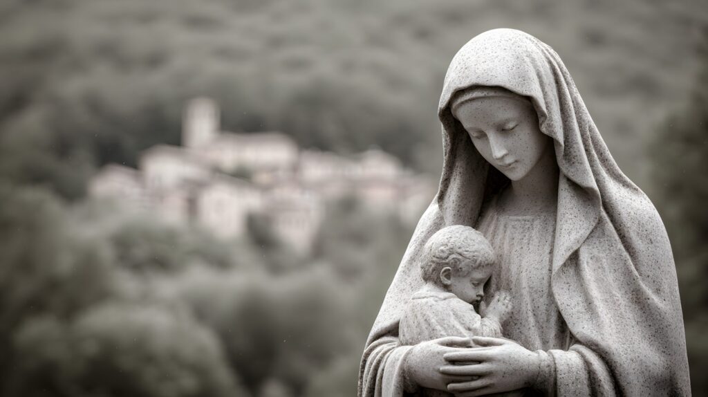 Stone statue of Mother Mary holding a child